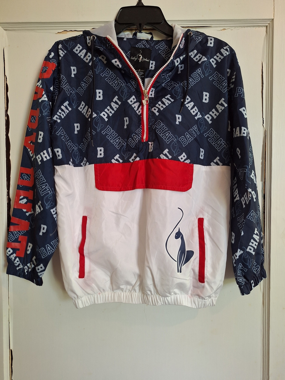 Baby Phat Womens Windbreaker Pullover 1/2 Zip Hoodie Red White Blue Sz M Retro